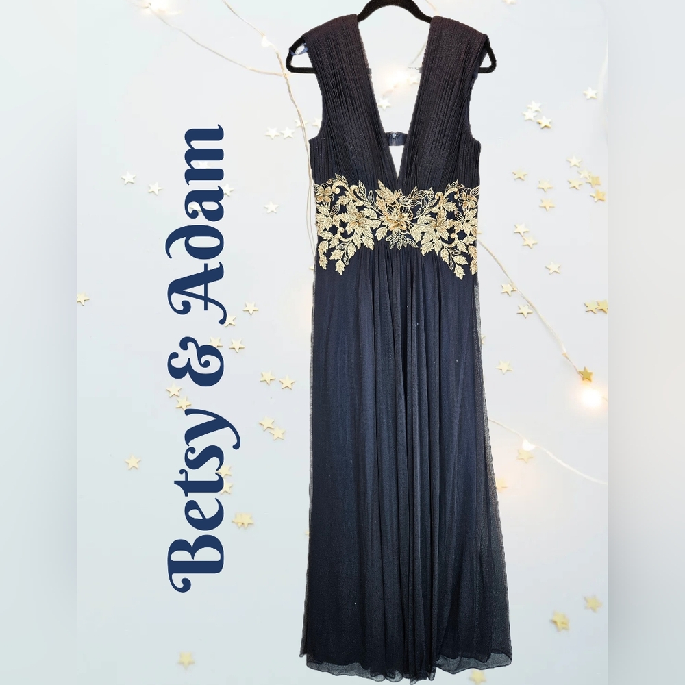 Betsey & Adam Womens Gown Sz 12 Casey Chiffon V-neck Gold Applique Flowy Glamour